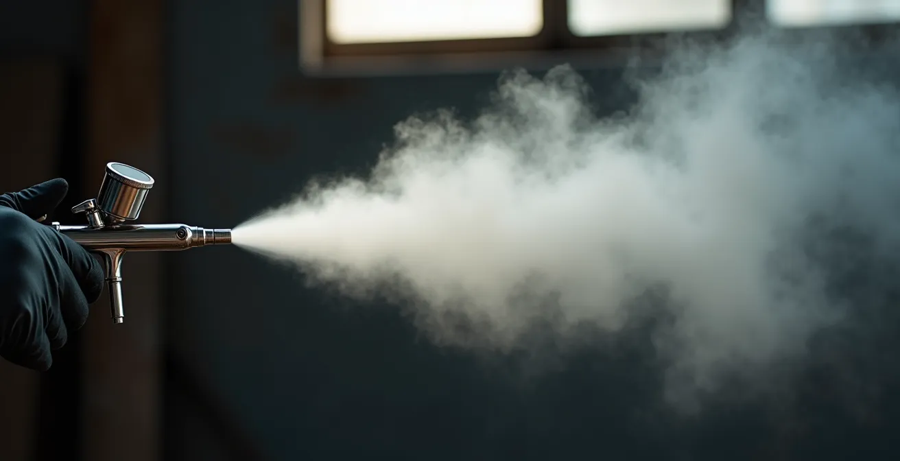 Split comparison showing airbrush spray patterns at different pressures on model surface