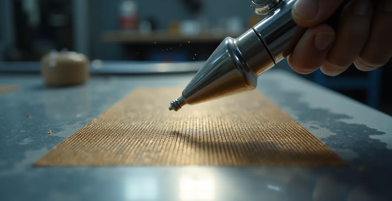 Close-up of airbrush spraying fine mesh at 45-degree angle showing paint mist pattern