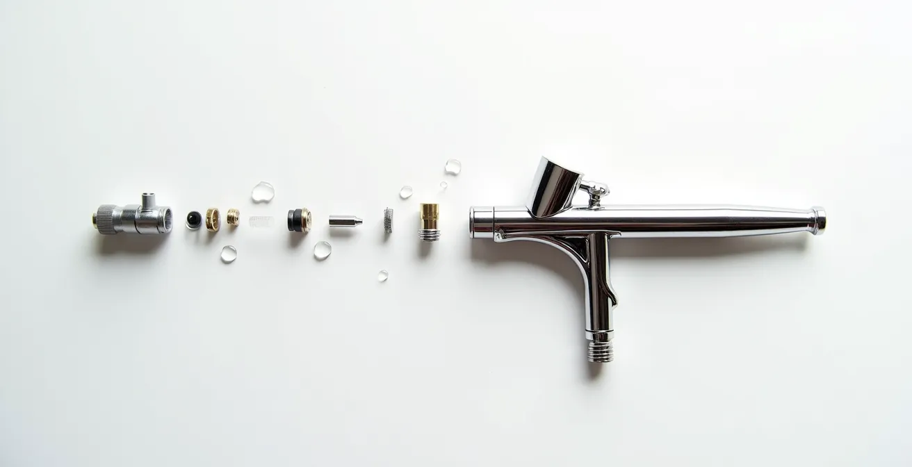 Disassembled airbrush showing three critical lubrication points with specialized airbrush lubricant