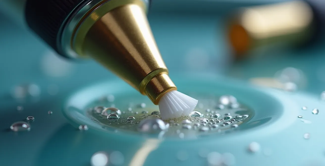 Macro view of airbrush nozzle being cleaned with soft interdental brush showing proper technique