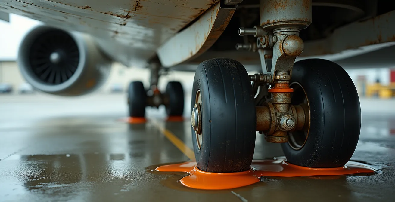 Close-up of aircraft model landing gear hinge showing accumulated dirt and fresh fluid leak