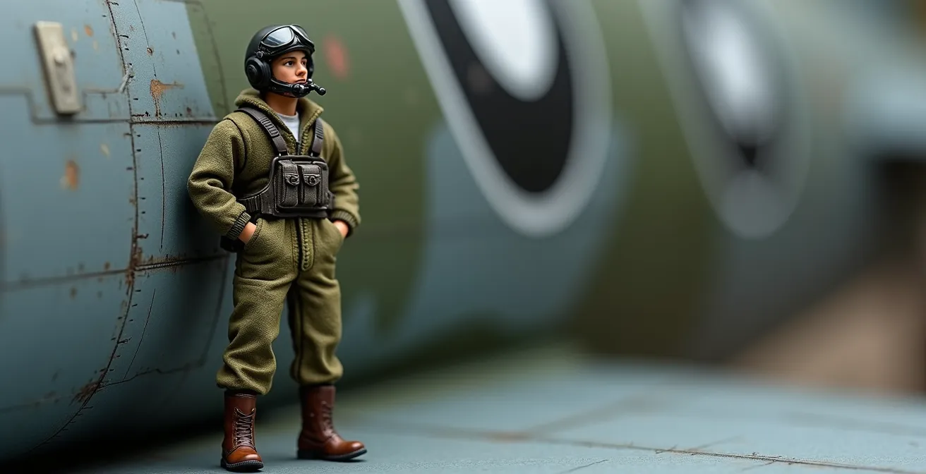 Close-up of scale model pilot figure showing different fabric textures next to aircraft fuselage
