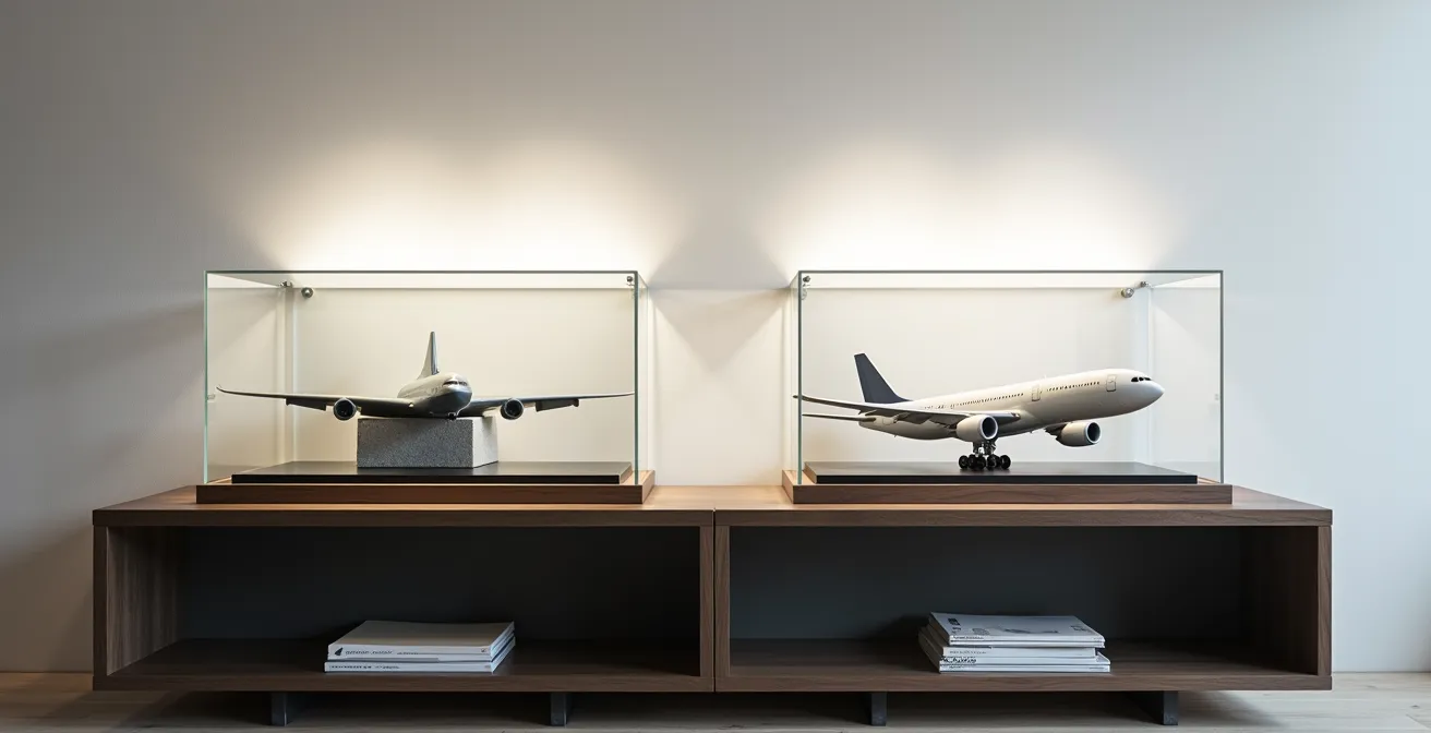 Wide angle view of custom storage display cases for large scale aircraft models