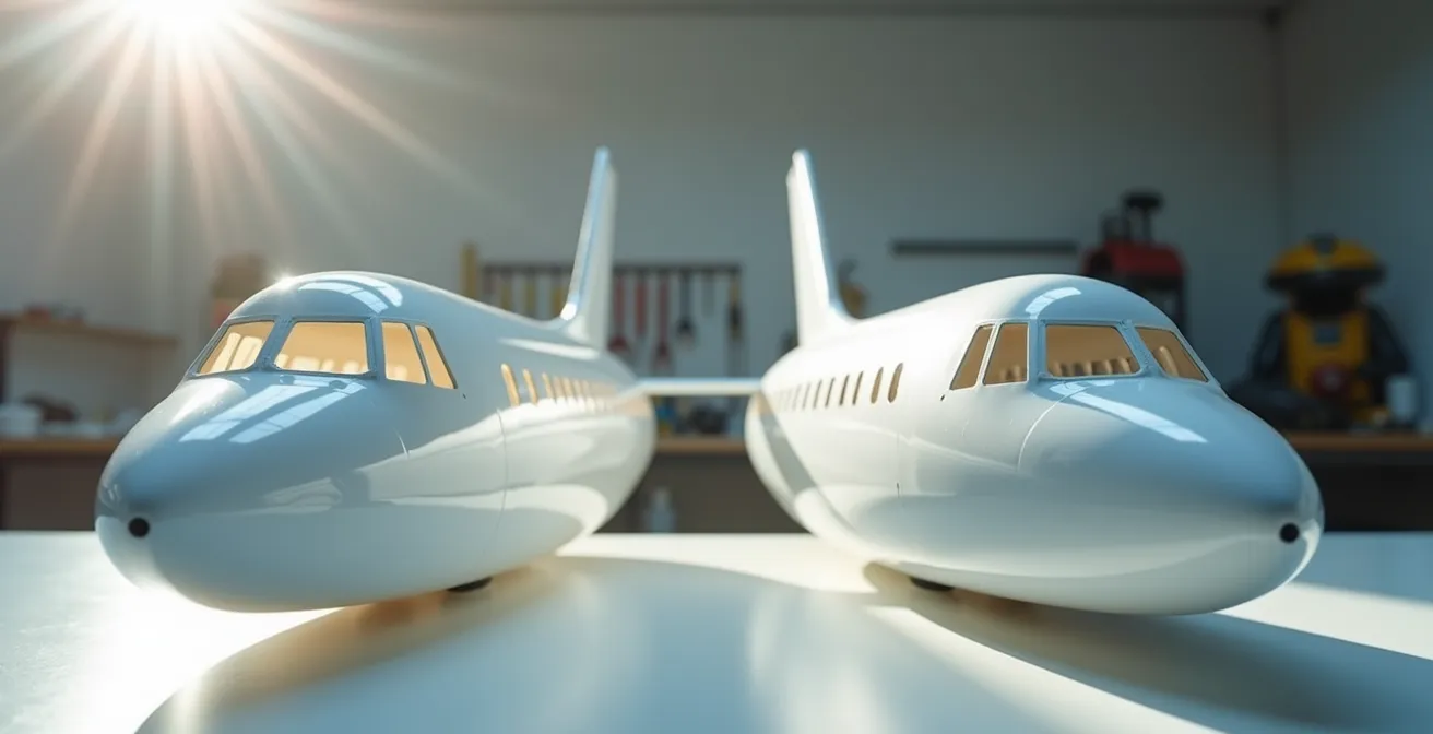 Split comparison showing UV resin filled windows versus decal application on model aircraft