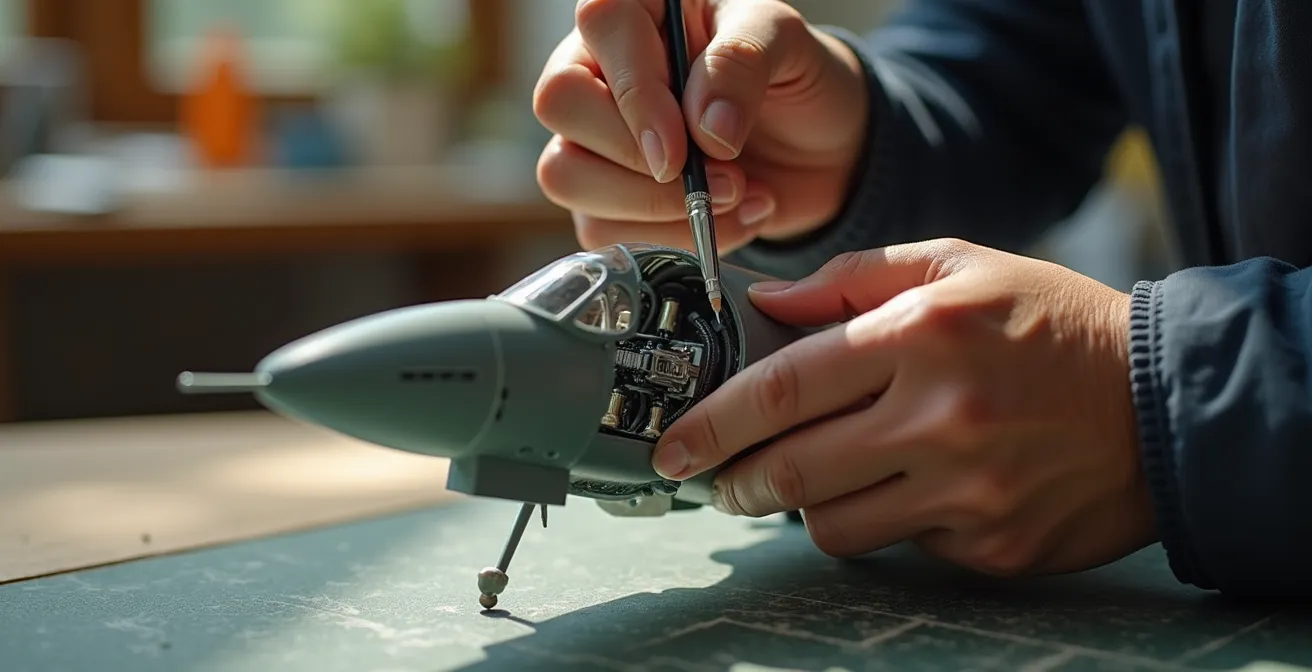 Close-up of a modeler's hands applying liquid mask to the complex wheel wells on a partially assembled model aircraft wing