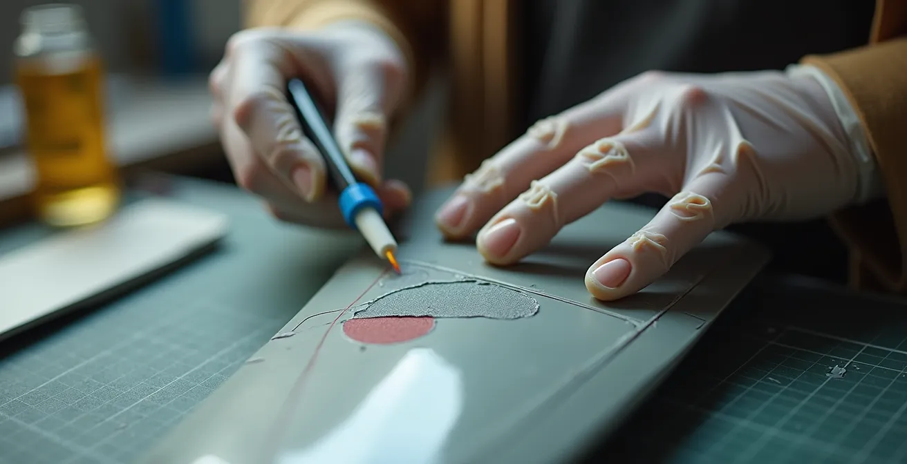 Close-up of model aircraft wing showing scratch repair technique in progress