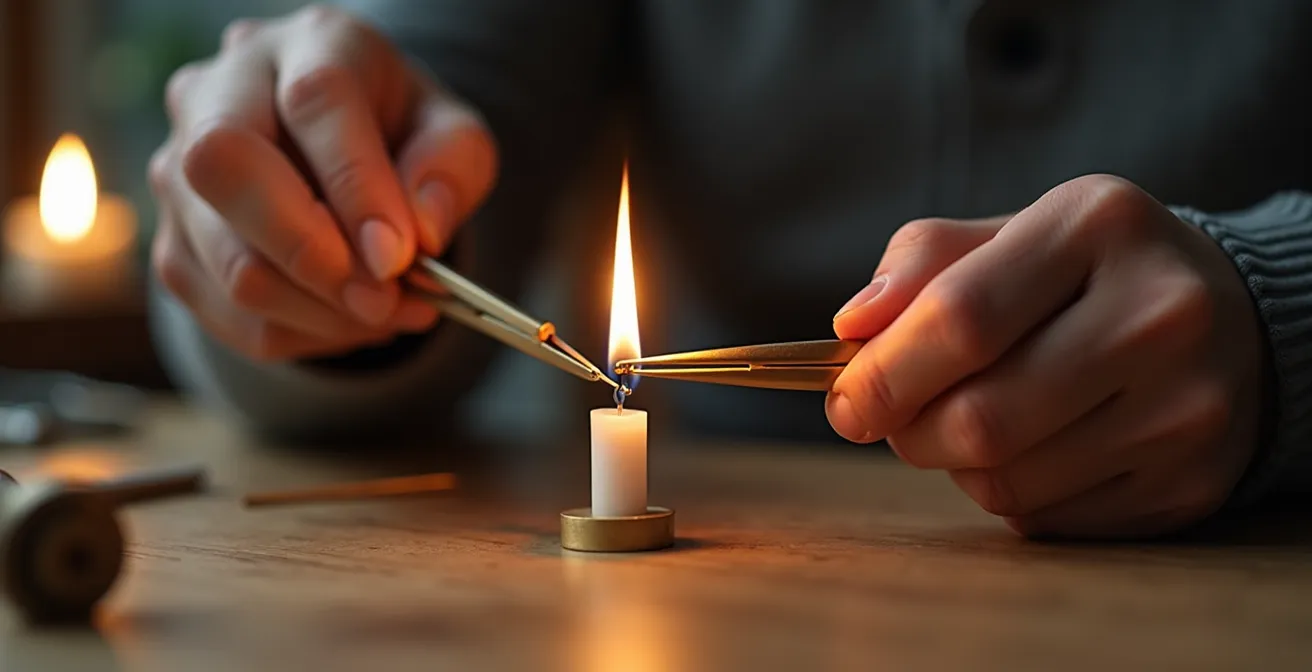 Brass photo-etched part being heated over candle flame with tweezers