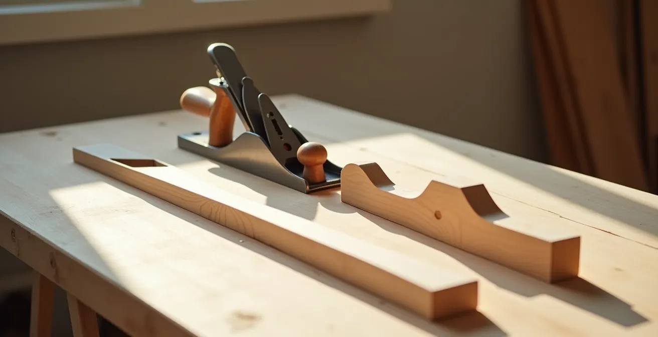 Professional woodworking tools arranged for balsa shaping showing grain reading technique