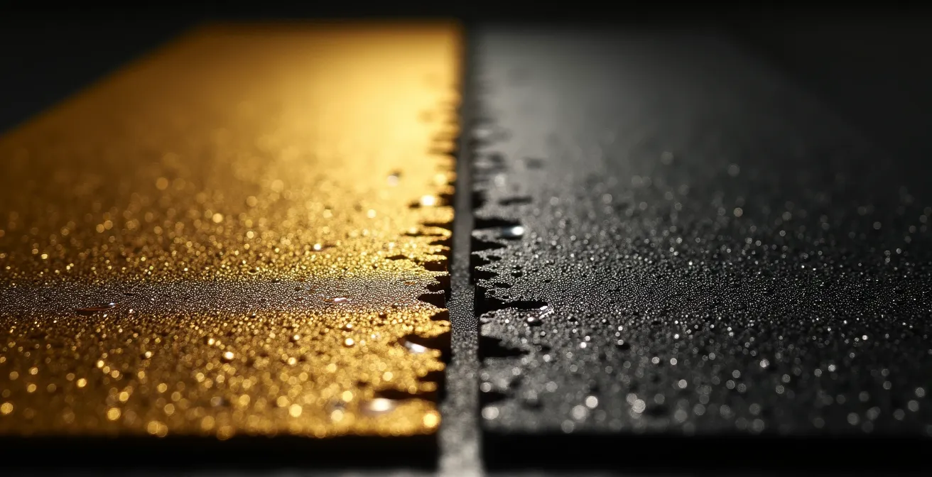 Split view showing brass mesh before and after chemical blackening treatment