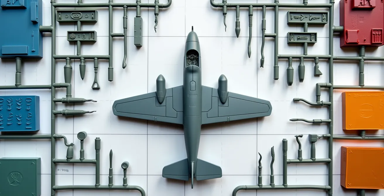 Overhead view of model airplane starter kit components arranged on a workbench