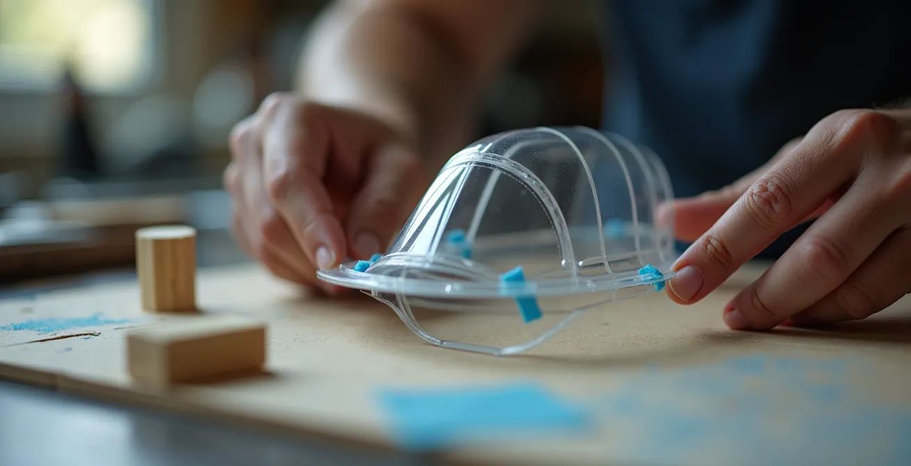 Hands demonstrating the proper support technique for cutting clear model aircraft canopies