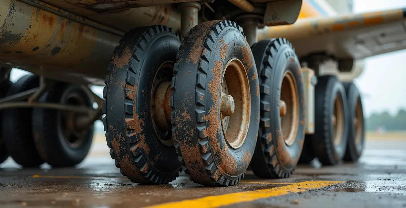 Detailed view of weathered aircraft with matching ground support equipment showing unified aging