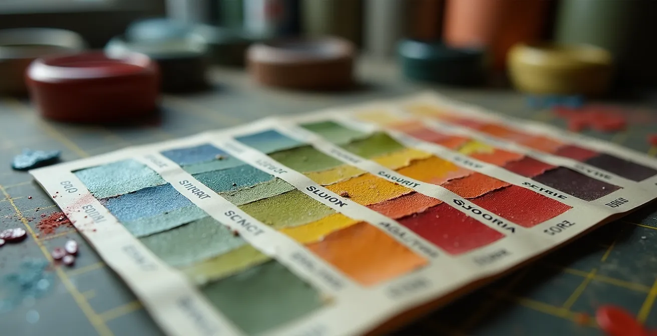 Macro shot of vintage military color chips arranged next to modern hobby paint swatches