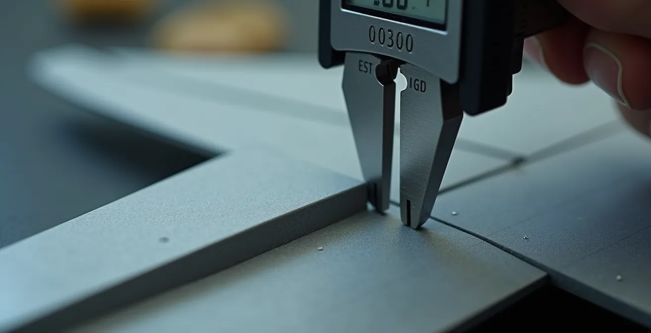 Macro view of digital calipers measuring plastic model aircraft wing section