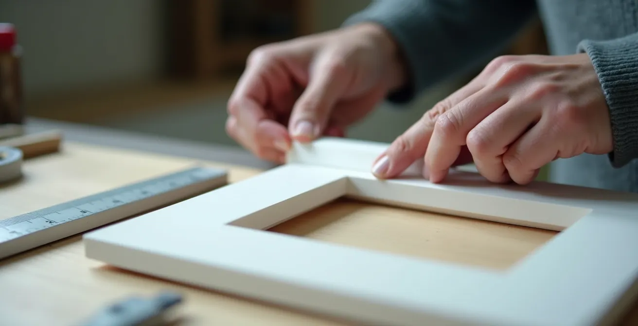 Hands assembling a custom landing gear alignment jig from foamcore and rulers