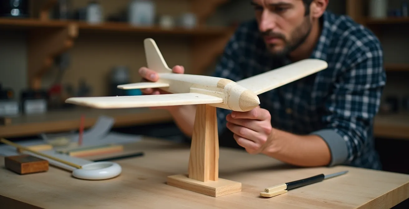 Homemade CG balancing stand supporting an RC airplane in a workshop