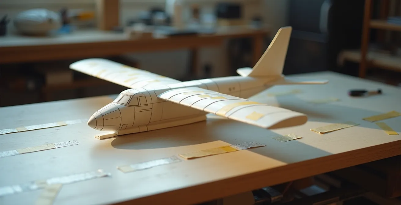 Complete model airplane assembled with masking tape for alignment check before gluing