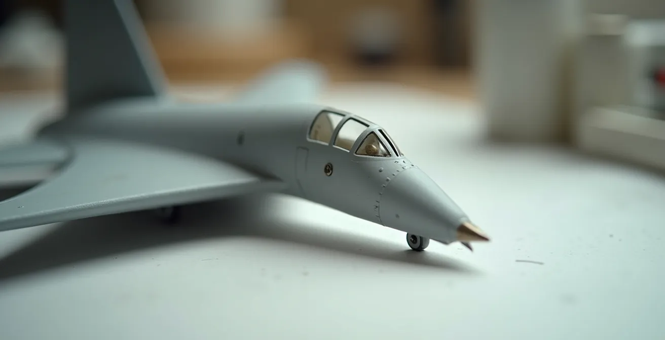 A flexible sanding tool conforming perfectly to the gentle curve of an aircraft model's fuselage.