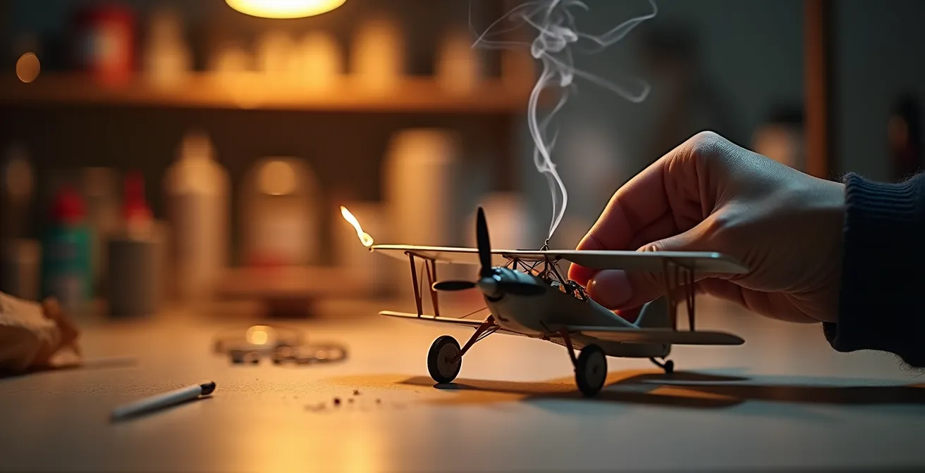 Incense stick being held near stretched sprue rigging line on a biplane model showing safe tightening technique
