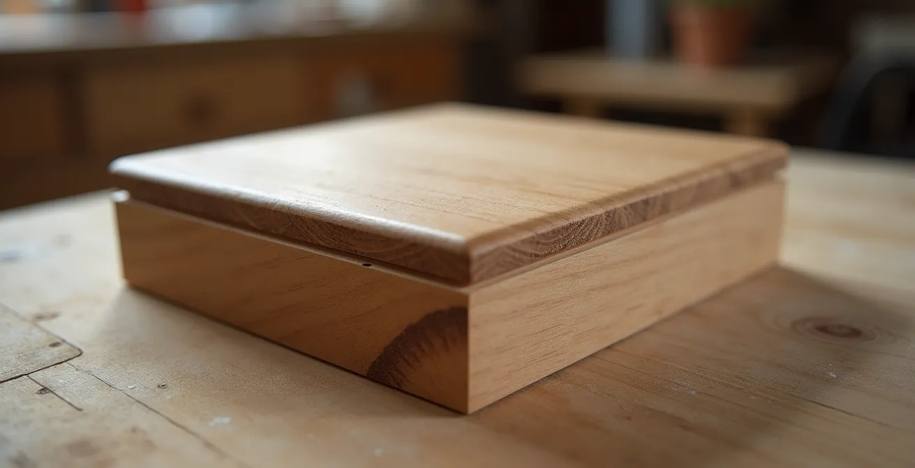 Macro detail of a handcrafted wooden display base, showing the nearly invisible seam of a concealed magnetic panel.
