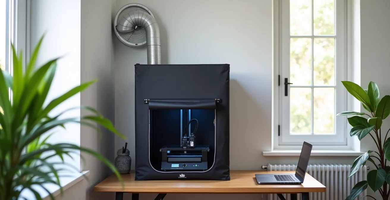 Home office showing proper resin printer ventilation system installation