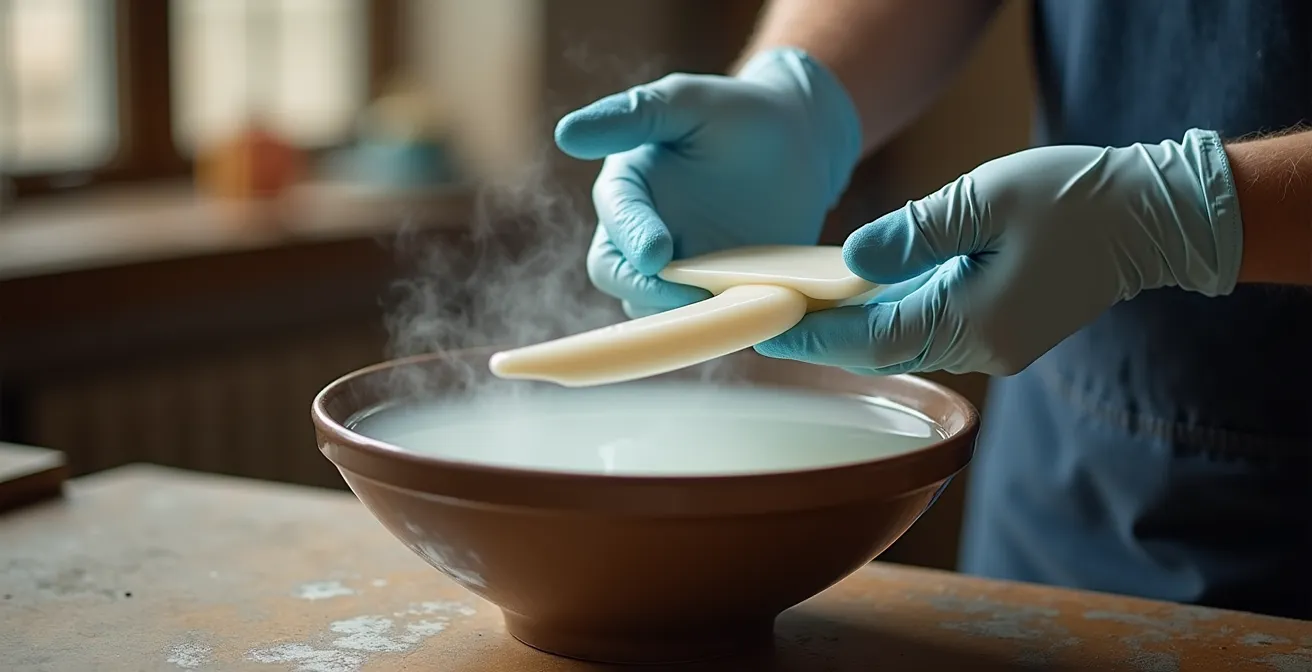 Hands in thermal gloves carefully reshaping a warped resin wing using hot water method