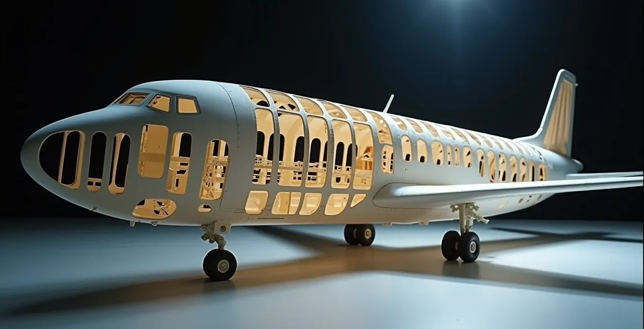 Detailed view of an internal plastic reinforcement structure inside a model aircraft fuselage, resembling an architectural skeleton.