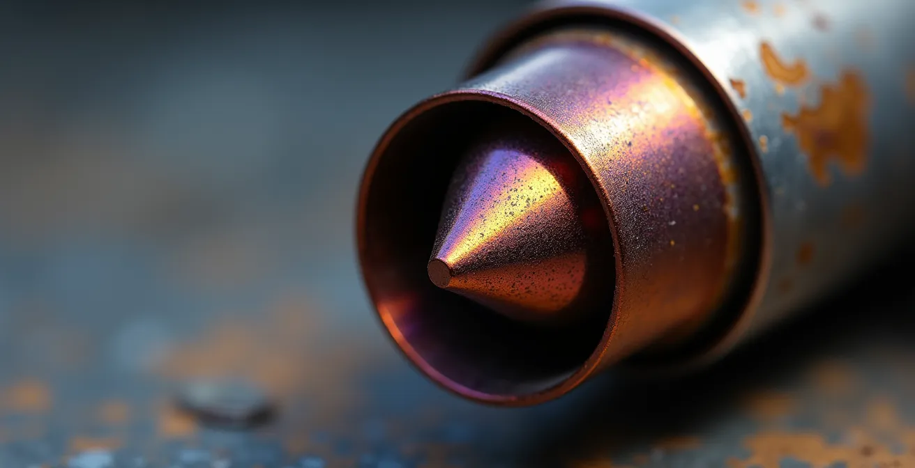 Extreme close-up of jet engine exhaust showing heat discoloration patterns