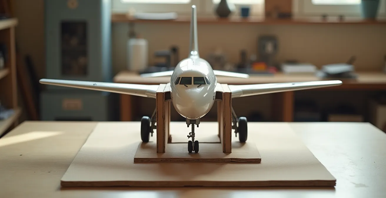 Wide shot of model aircraft positioned in alignment jig showing correct landing gear angles
