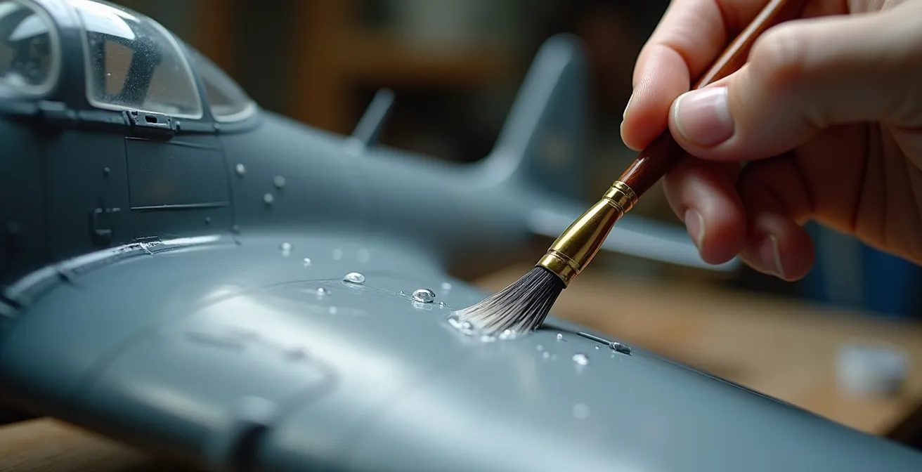 Soft brush applying thin water layer to model aircraft surface for decal placement