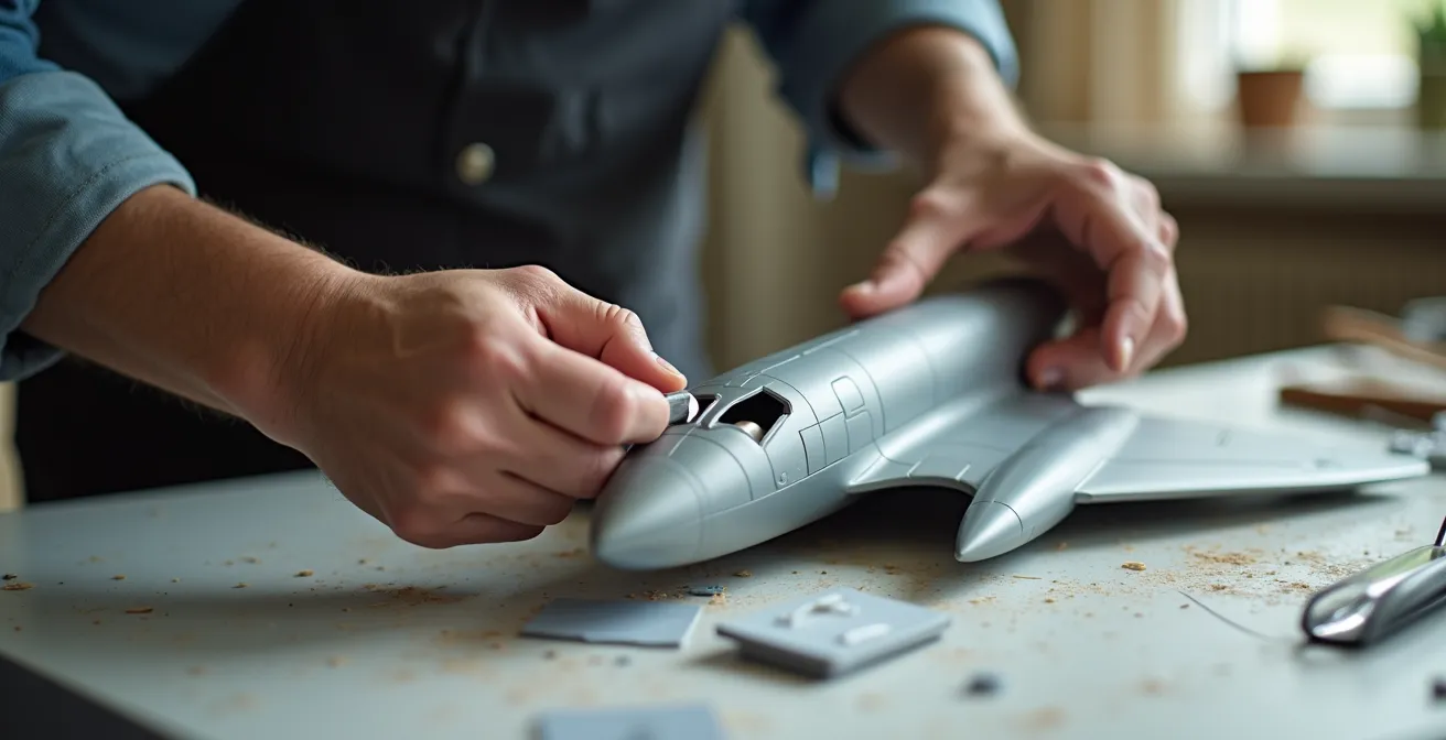 Hands using precision knife to remove plastic locating pins from model aircraft parts