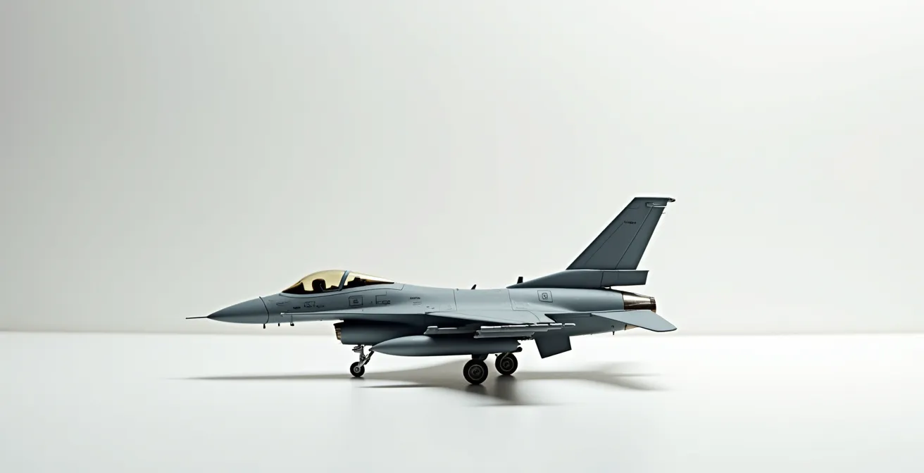 Wide shot of grey F-16 model showing subtle weathering patterns in natural light