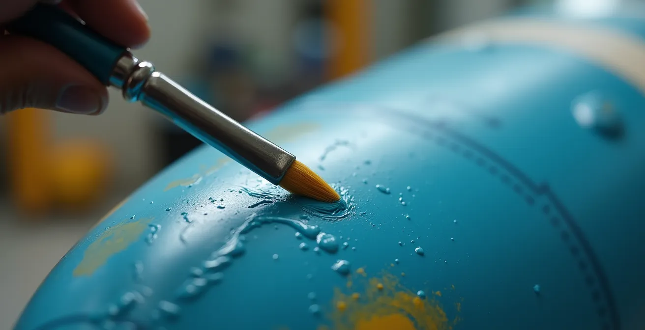Extreme close-up of a fine brush applying paint to scale model nose art, showing paint texture.