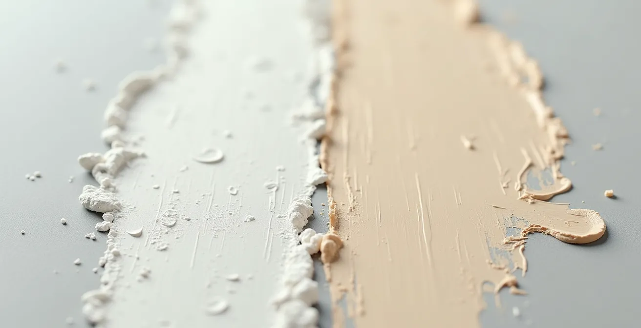 Extreme close-up of two paint swatches showing textural difference between chalky white and smooth buff pigment