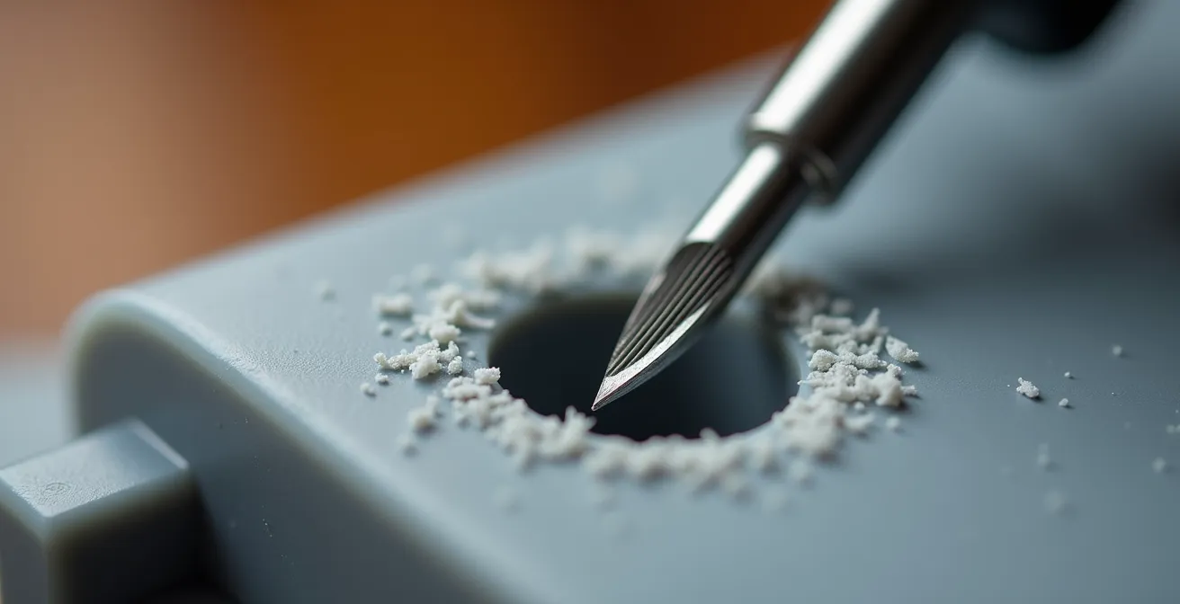 Extreme close-up of pin vise drilling a precision hole in model aircraft dashboard