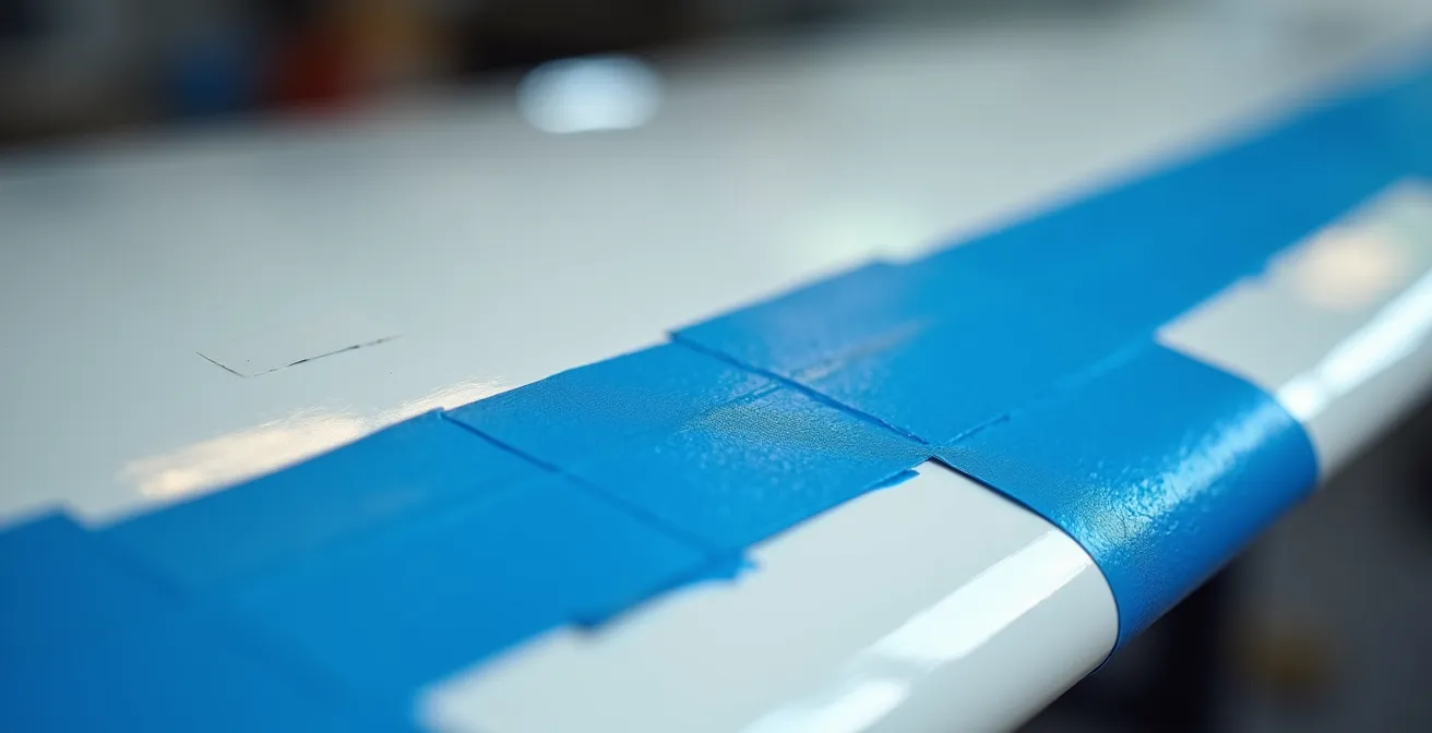 Macro view of precise masking tape application on glossy aircraft model wing