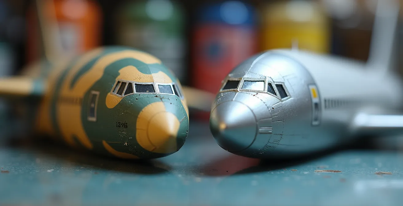 Close-up macro shot of airbrushing technique on model aircraft surfaces