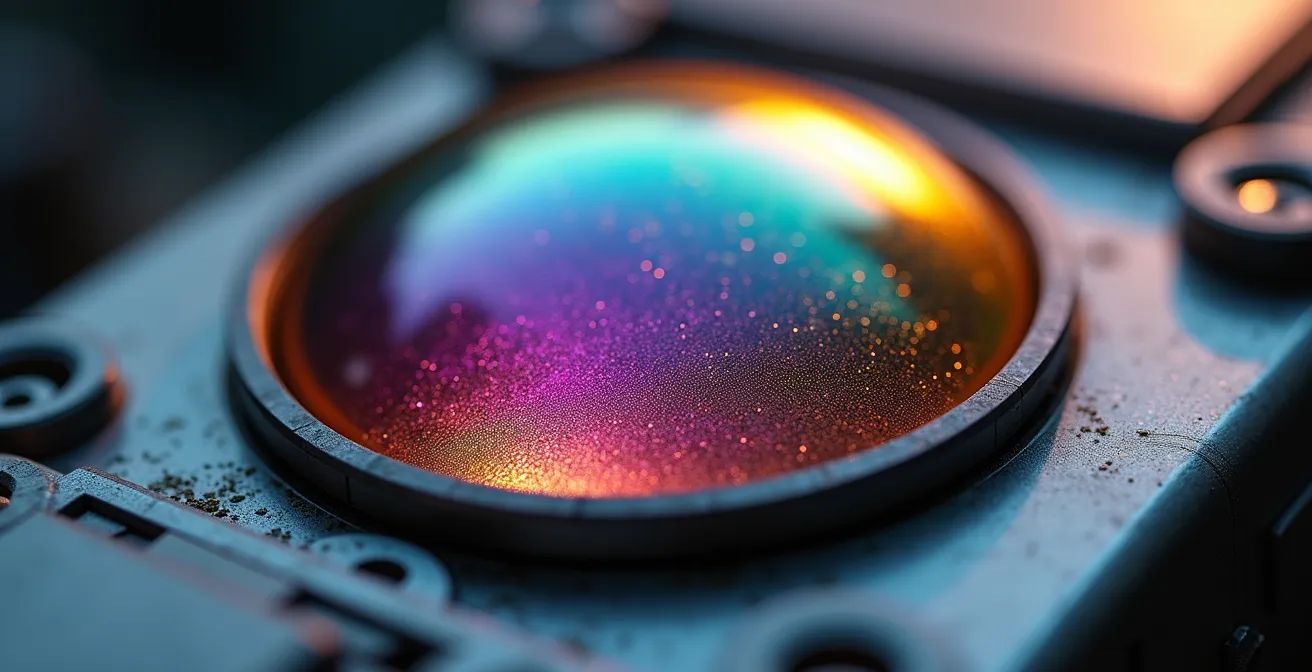 Extreme macro view of infrared missile seeker dome showing iridescent coating reflections