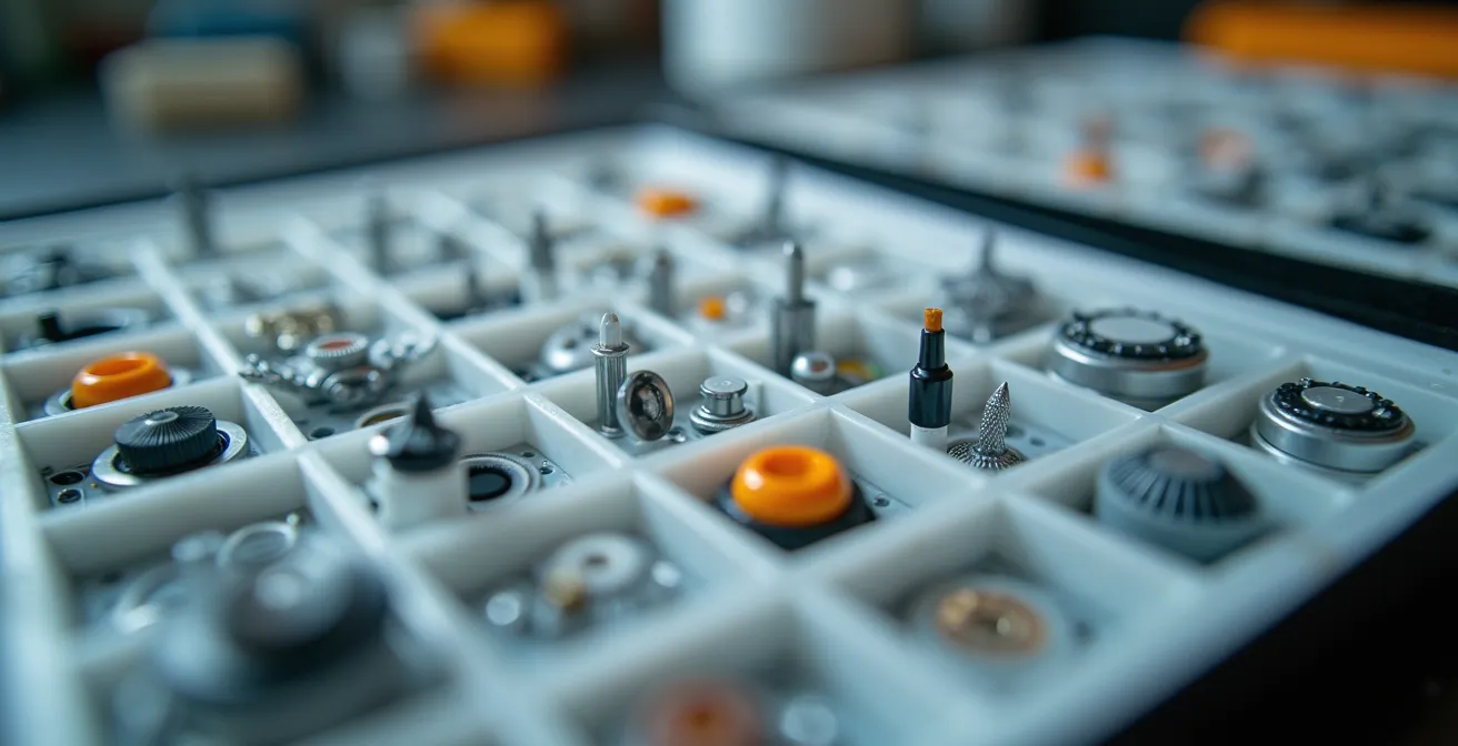 Multiple labeled trays containing different airplane sub-assemblies during construction