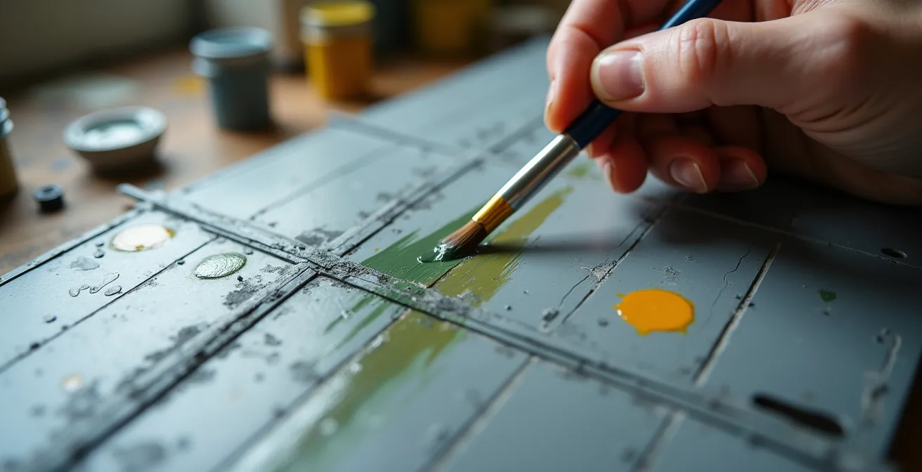 Artist hand creating vertical streaks from oil paint dots on aircraft model wing