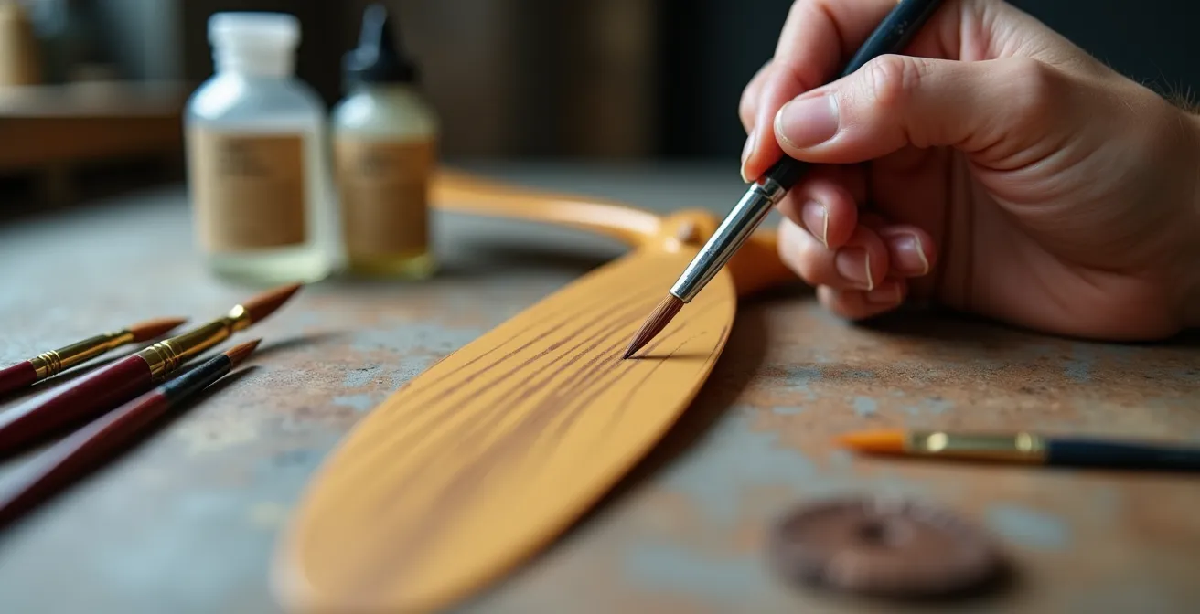 Artist's hand demonstrating dry brush technique on model propeller with various brush types