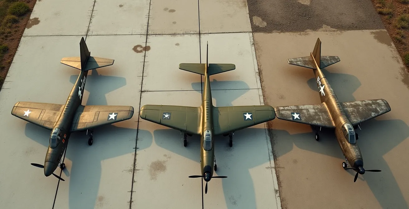 Three P-47 Thunderbolts showing different operational finishes, from factory fresh to heavily weathered in the field.