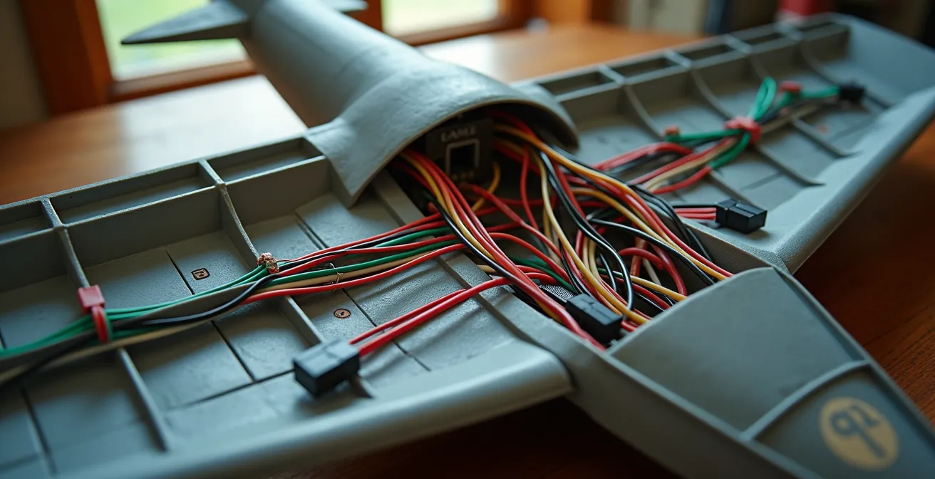 Interior view of model aircraft fuselage showing organized LED wiring with micro-connectors