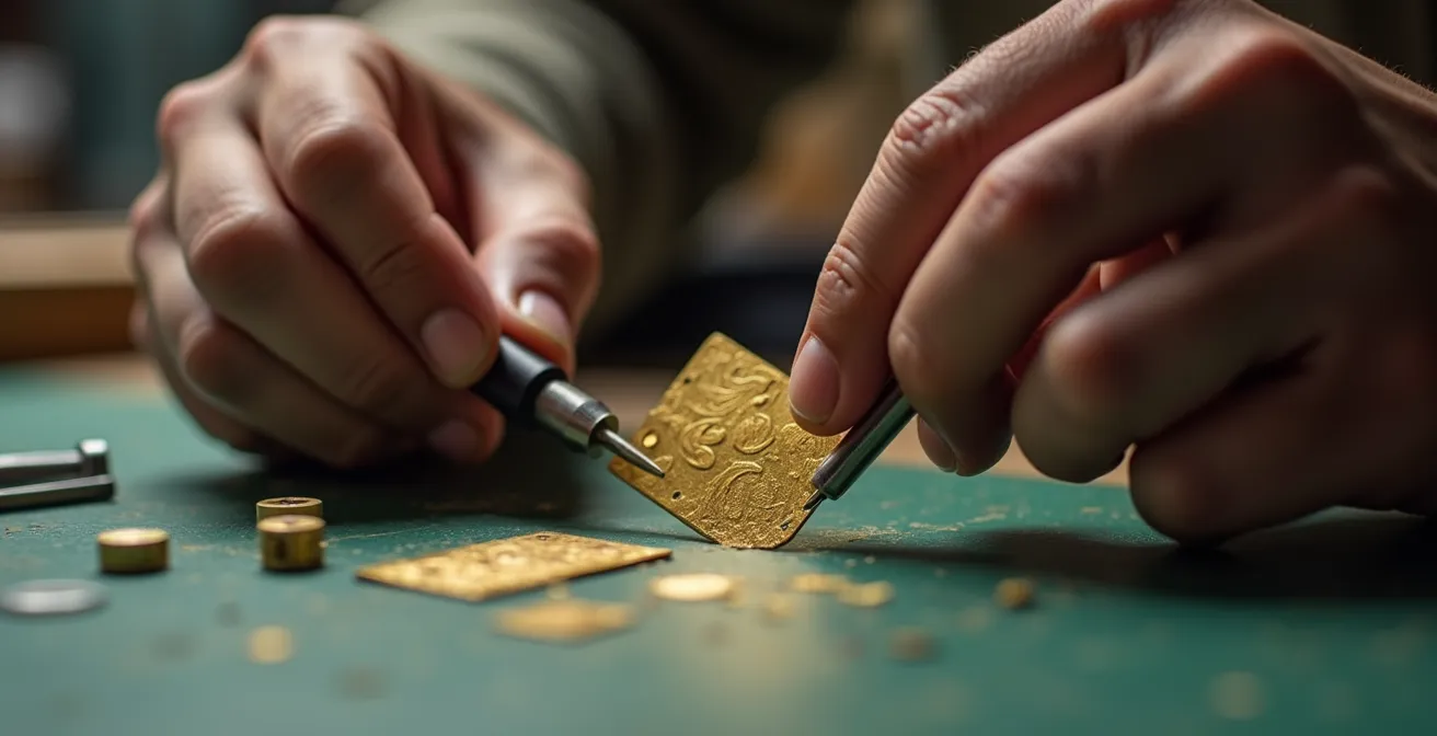 Hands folding delicate photo-etched brass aircraft part with tools