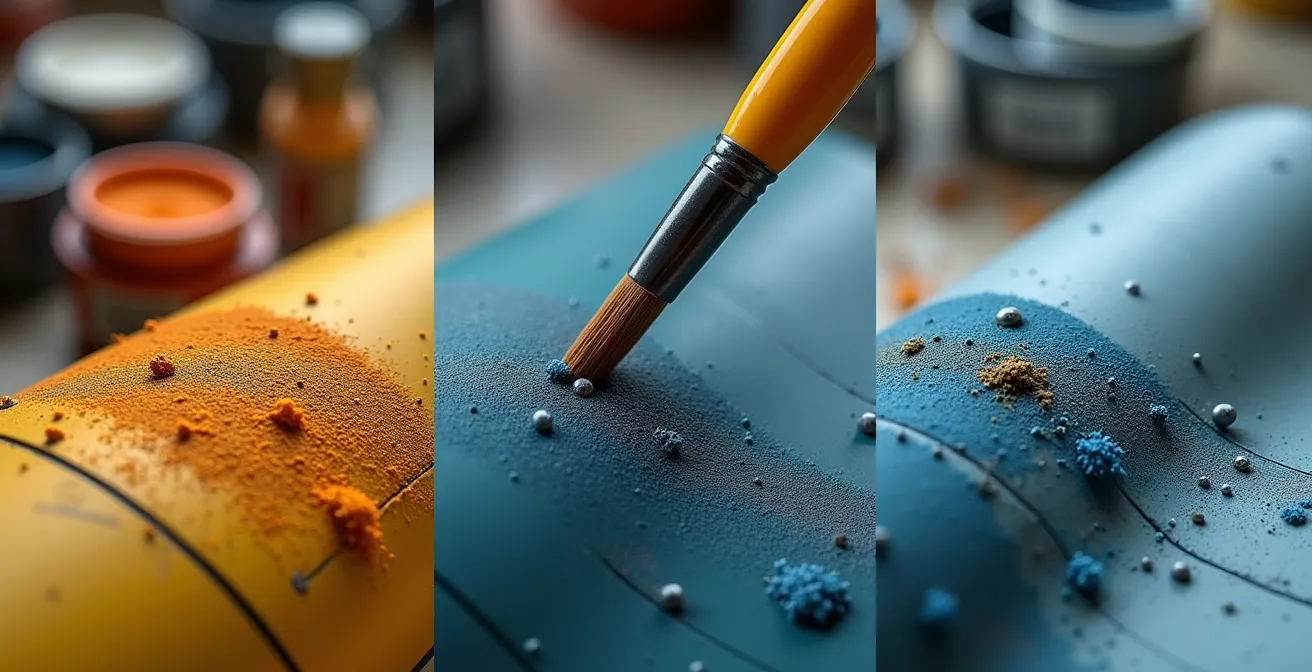 Macro view of pigment application and fixing methods on model aircraft surface