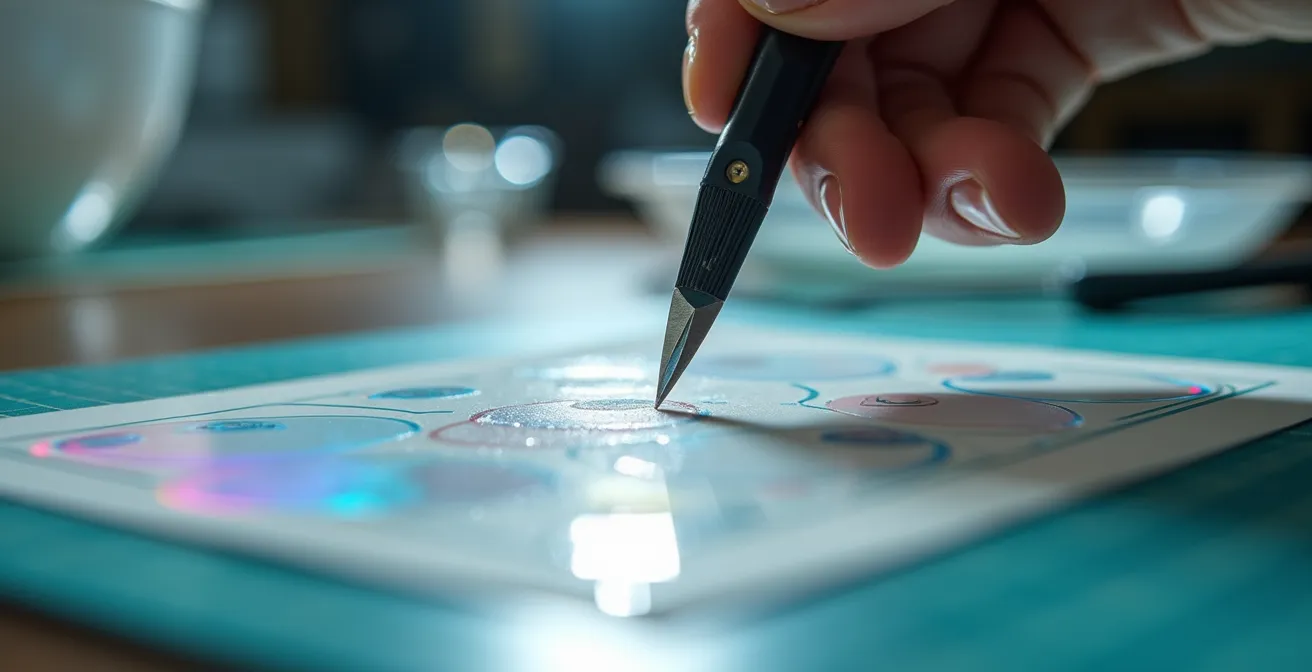 Extreme close-up of hobby knife cutting decal film on cutting mat