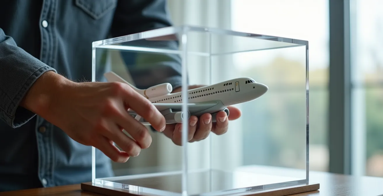 High-end acrylic display case with die-cast aircraft models under museum lighting