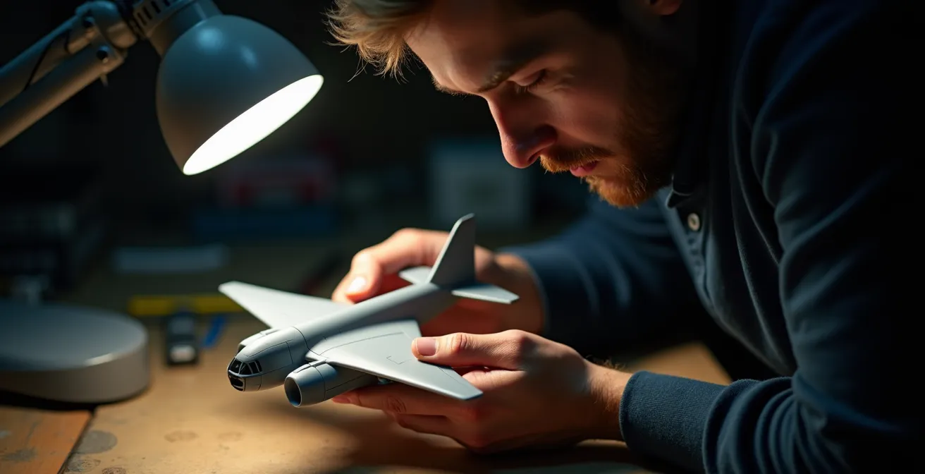 Side angle showing a light beam revealing surface details on a model aircraft
