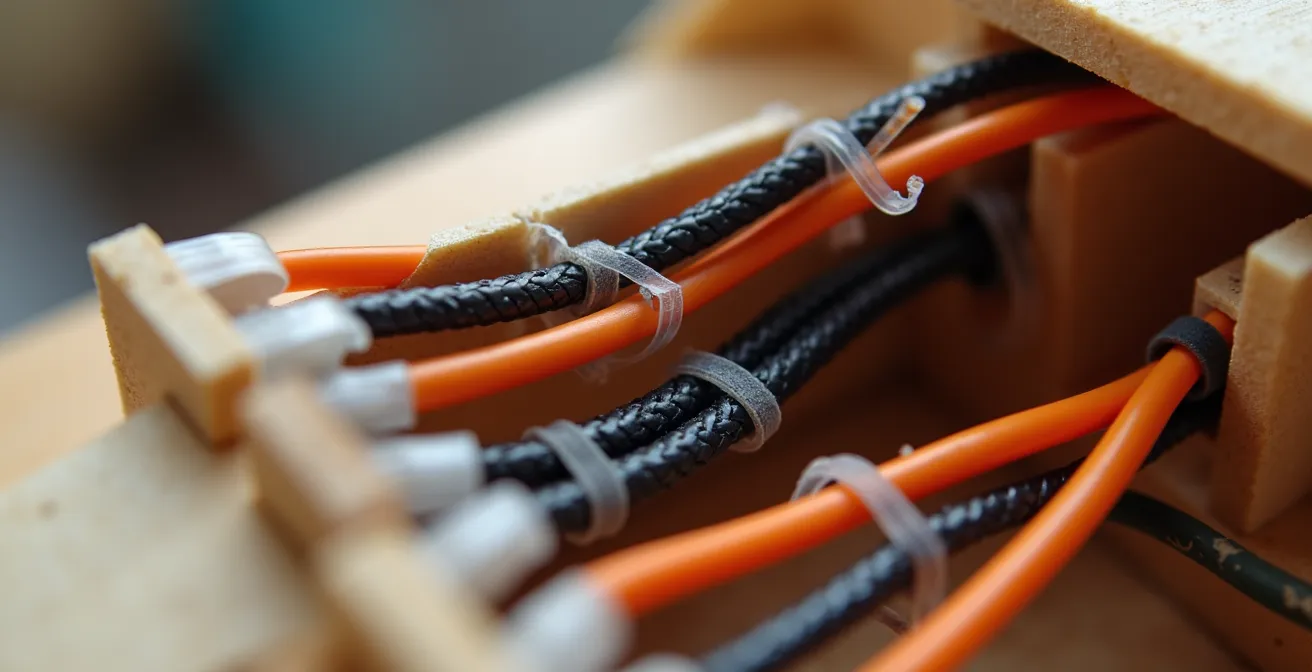 Close-up view of proper wire routing inside an RC airplane fuselage