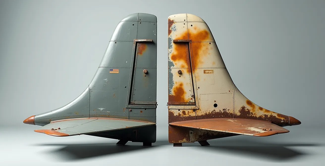 Split comparison showing subtle realistic weathering versus excessive artistic effects